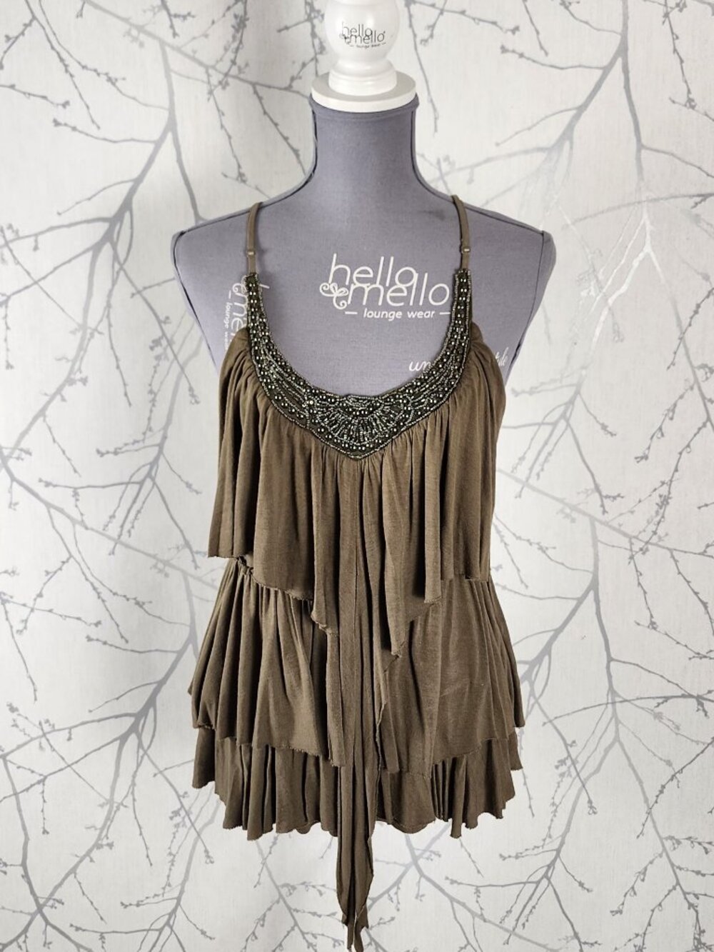 Seductions Olive Green Stretch Jersey Knit Ruffle Beaded Strappy Tank